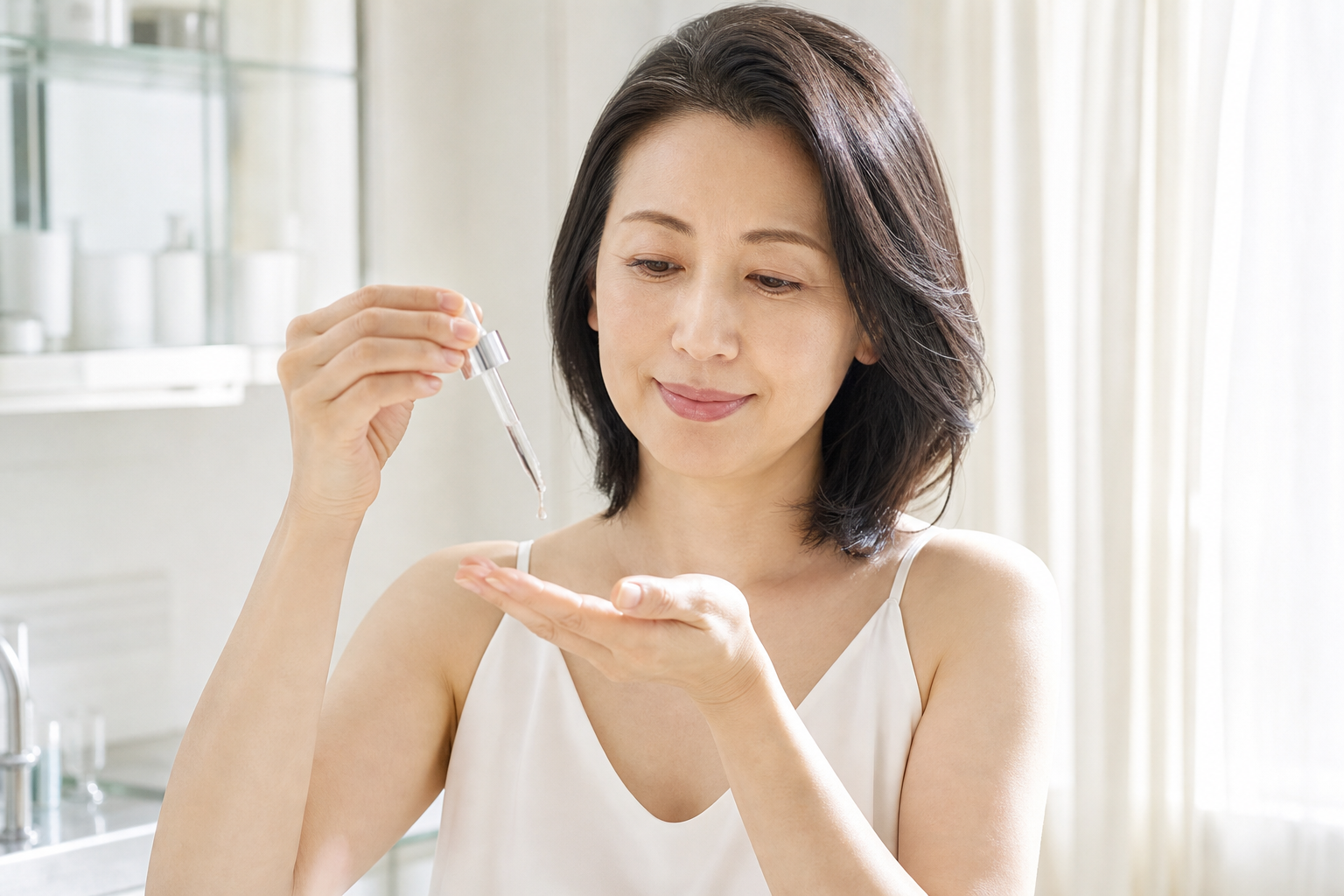 明るい洗面スペースで美容液を手に取る女性
