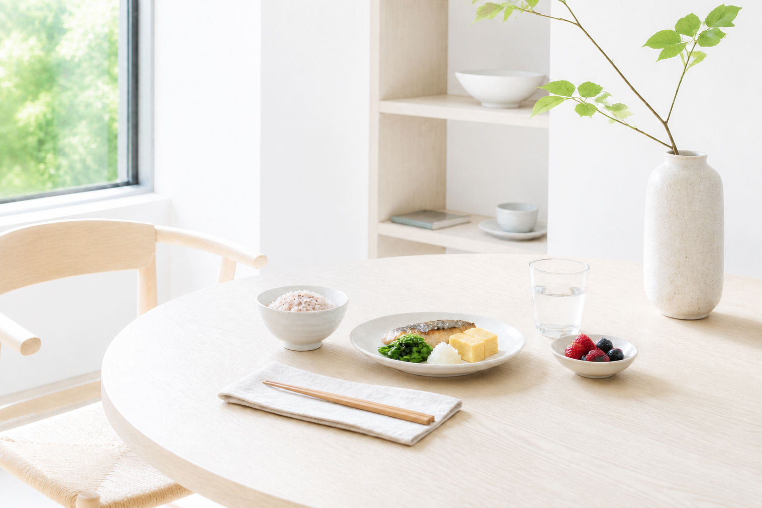 明るい木のテーブルに和朝食と花器を整えた食卓
